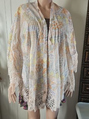 Victoria's Secret White Lace-Trim Floral Tunic with Yellow & Orange Accents